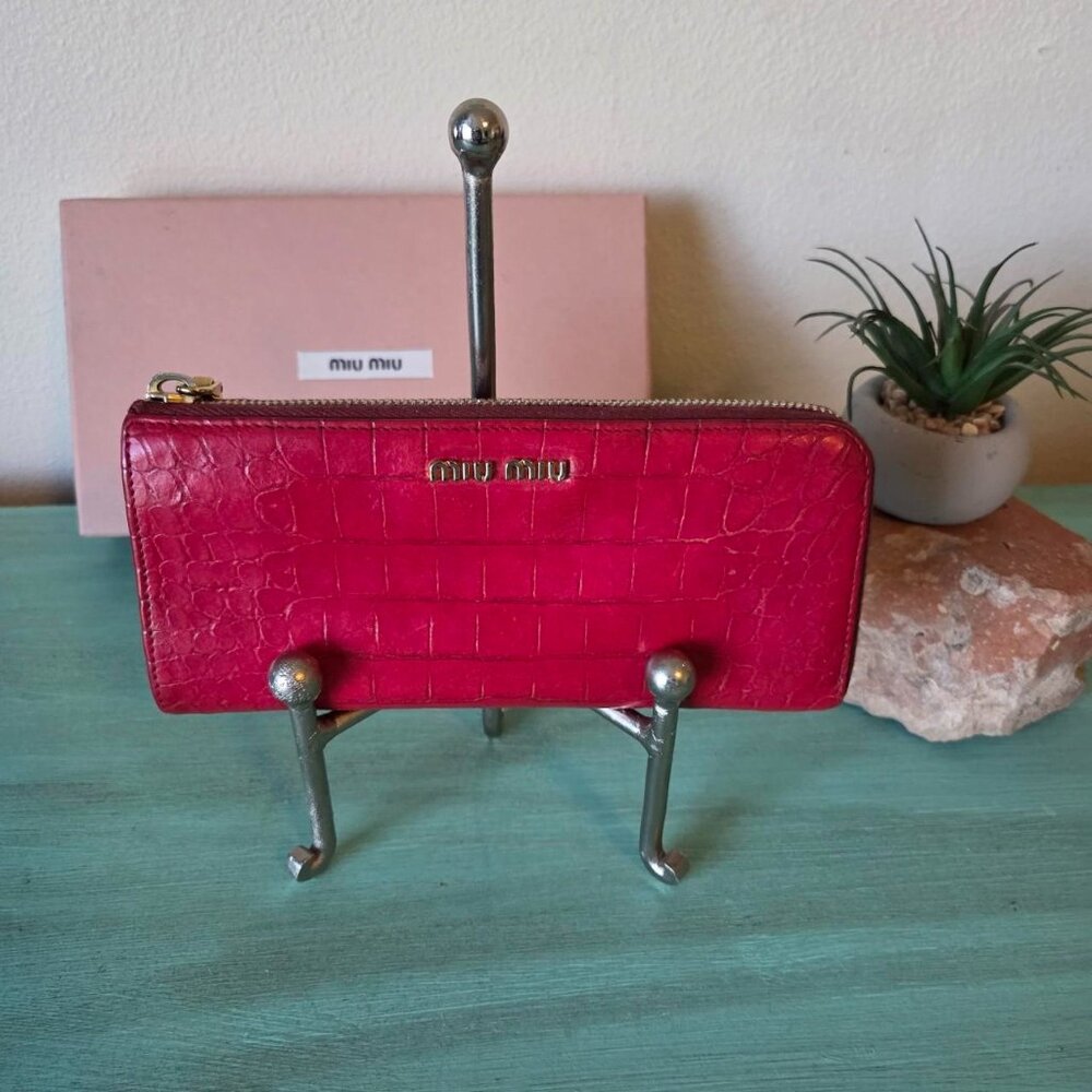 Miu Miu croc embossed leather zippy wallet